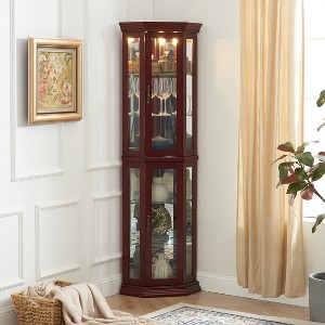 TiramisuBest Corner Curio Cabinet with Lights, Adjustable Tempered Glass Shelves, Mirrored Back, Display Cabinet - 1 of 4