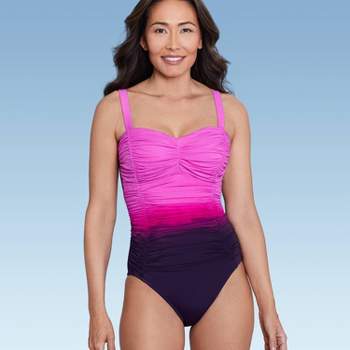 Women's Shirred Ribbed Bandeau Cheeky One Piece Swimsuit - Shade & Shore™  Pink XL