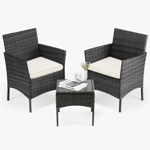 3 Pieces Patio Furniture Set, Outdoor Furniture with Glass Table, Weaving Wicker Rattan Patio Chairs for Garden Terrace Porch Lawns, Black - 1 of 4