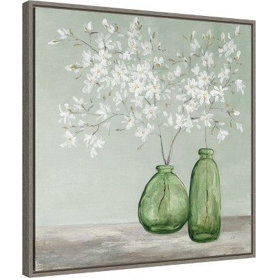 White Blossom Bouquets in Green Vases Canvas Print