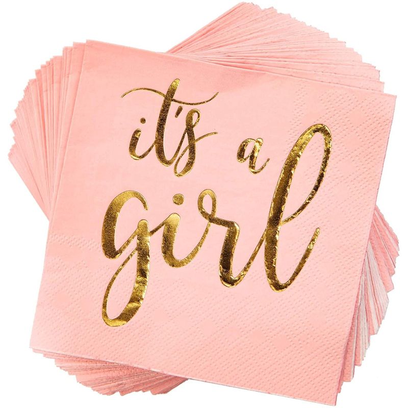 Sparkle and Bash 50 Pack It's a Girl Napkins for Baby Shower, Gold Foil Party Supplies, 3 Ply, 5x5 Inches, 1 of 7