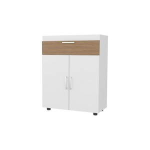FM FURNITURE North Fork Shoe Rack, Pneumatic Lift-Up Compartment, Dual Doors, White and Natural Oak - 1 of 4