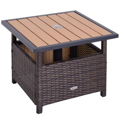 Brown Rattan Wicker Outdoor Accent Table with Steel Frame and Umbrella Insert