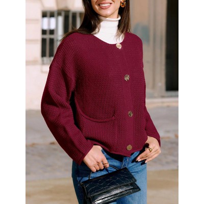 Women's Cew Neck Button Down Cardigans Cropped Long Sleeve Shrugs with Pockets