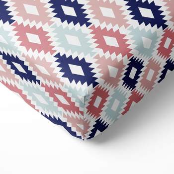 Bacati - Aztec Print Kilim Coral Mint Navy 100 percent Cotton Universal Baby US Standard Crib or Toddler Bed Fitted Sheet