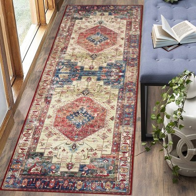 Washable Rug Traditional Boho Print Distressed Area Rug for Living Room Bedroom, 2' x 6' Red