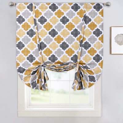 Quatrefoil Trellis Cotton Blend Tie Up Curtains for Kitchen Windows, Yellow/Grey