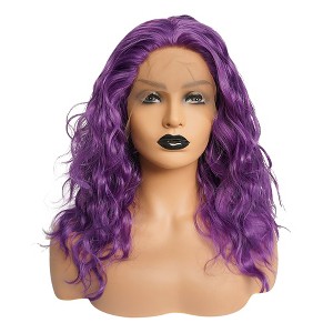 Unique Bargains Women's Medium Long Fluffy Curly Wavy Lace Front Wigs with Wig Cap 14" Purple 1PC - 1 of 4
