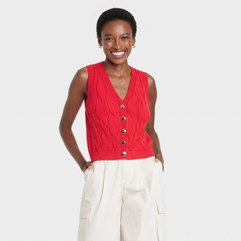 Women s Cabled Button down Vest A New Day Red S Target