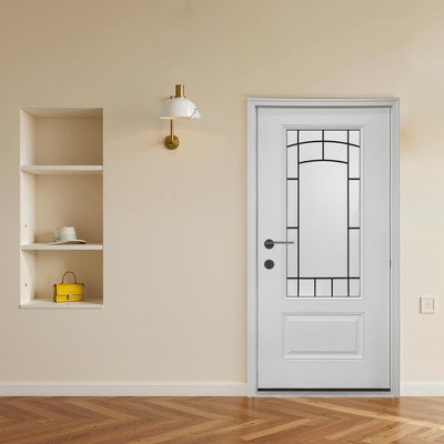 Wooakway 36"W×80"H Exterior Frosted Glass Prehung Front Entry Door Primed Interior Fiberglass Entrance Door