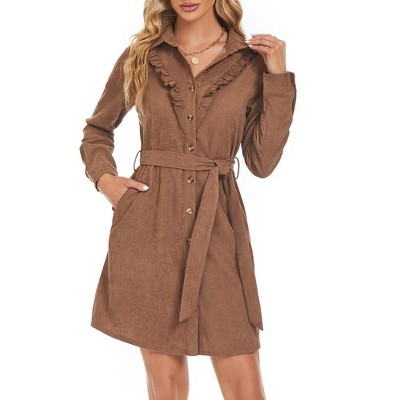 WhizMax Women's Corduroy Ruffle Hem High Waist Button Front Dress With Belt