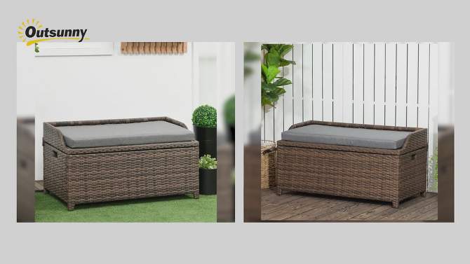 Outsunny Storage Bench Rattan Wicker Garden Deck Box Bin with Interior Waterproof Bag and Comfy Cushion, Gray, 2 of 8, play video