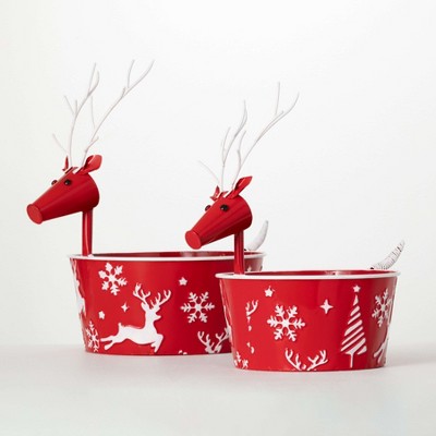 15.5"H & 18"H Sullivans Christmas Embellished Red Reindeer Pots Set of 2, Indoor Christmas Decor