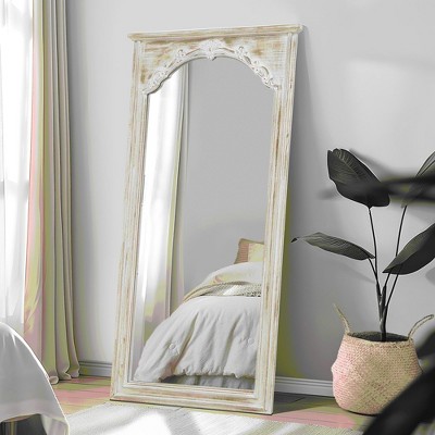 Lirago Rectangle Wood Full Length Mirror Wall Mirror with Inner Arch Carved Frame 72*35 Weathered White