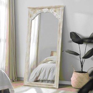 Lirago Rectangle Wood Full Length Mirror Wall Mirror with Inner Arch Carved Frame 72*35 Weathered White - 1 of 4
