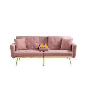 Futon Convertible Sofa,Velvet Upholstery,3 Adjustable Positions Split-Back,Tapered Metal Legs,2 Toss Pillows,Twin Size Futon Sofa Bed,Pink - 1 of 1