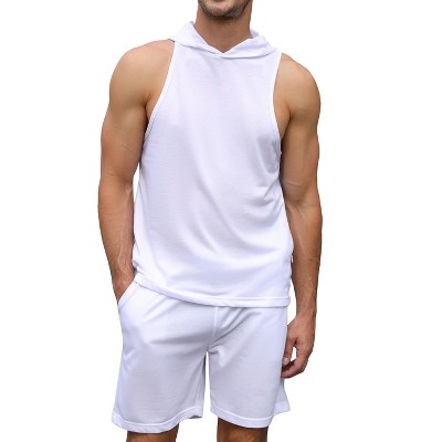 Men's Athletic Tracksuit Set Sleeveless Hooded Tanks Tops Sweatsuit 2 Piece Casual Sports Shorts Set