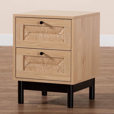 Light Brown and Black Wood End Table with Storage