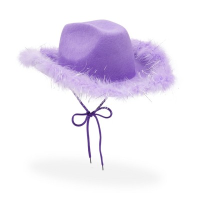 Zodaca Womens Cowboy Hat - Cute, Fluffy, Sparkly Cowgirl Hat with Feathers for Halloween, Birthday, Bachelorette Party (Purple)
