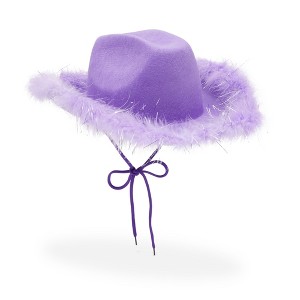 Zodaca Womens Cowboy Hat - Cute, Fluffy, Sparkly Cowgirl Hat with Feathers for Halloween, Birthday, Bachelorette Party (Purple) - 1 of 4