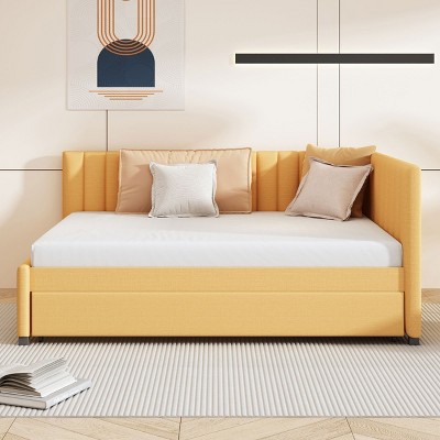 Full Size Upholstered Bed with Pull-Out Trundle and Backrest, Linen Sofa Bed for Apartment or Guest Room-Baofuwish