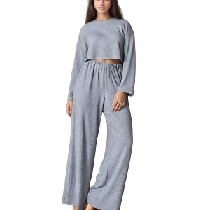 Anna-Kaci Lounge Women's Ribbed Knit Long Sleeve Crop Top and Wide Leg Lounge Pants Two-Piece Pajama Set - 1 of 4