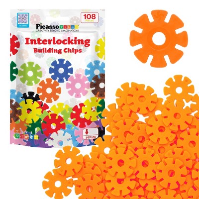 PICASSO-TILES 108 PC Orange Interlocking Plastic Disc, Building Chip Blocks Toy Set for Toddlers, Boys & Girls 3+