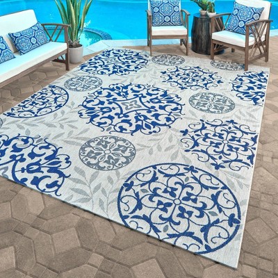 Grain and Navy Synthetic Medallion Outdoor Rug, 8'6" x 13'1"