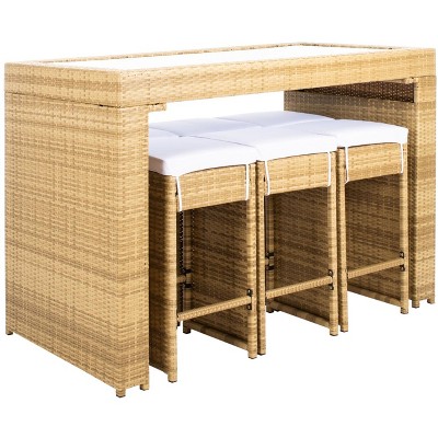 Natural Wicker 7-Piece Outdoor Dining Set with White Cushions