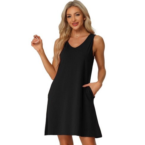 Cheibear Women's V-neck Sleeveless Pajamas Tank Dress With Pockets  Nightgowns Black X Small : Target