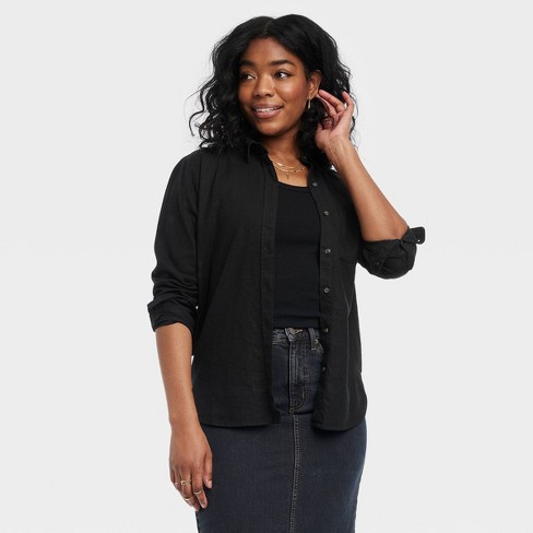 Women's Linen Long Sleeve Collared Button-Down Shirt - Universal Thread™  Black XS