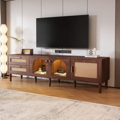Chic Crate-80 Inch Rattan Media Console – 3-Cabinet & 2-Drawer LED TV Stand w/ Modern Farmhouse Design, Multi-Room Entertainment Center
