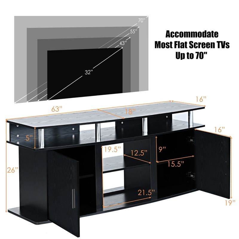 Costway 63'' TV Stand Entertainment Console Center W/ 2 Cabinets Up to 70'' Black\Walnut, 2 of 11