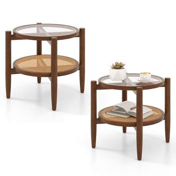 Tangkula 2 PCS 2-Tier Round Side End Table PE Rattan Nightstand Tempered Glass Tabletop