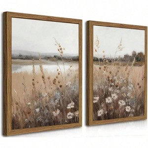 Wood Frame Vintage Wall Art Set of 2 Retro Farmhouse Wildflower Wall Decor Paintings Country Floral Field Landscape Canvas - 1 of 4