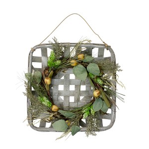 Northlight 16" Fall Harvest Hop and Cattail Grapevine Wreath in Wood Basket - 1 of 3