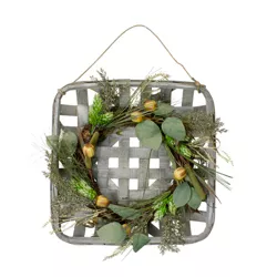 Northlight 16 Autumn Harvest Green Hop and Cattail Grapevine Wreath in a Wooden Tray Hanger