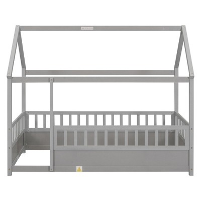 AZL1 Life Concept Beds Wooden House Floor Bed, Whimsical Twin Size Sleep and Play Space with Protective Guardrails, Grey, 79.53"*44.76"*66.26"