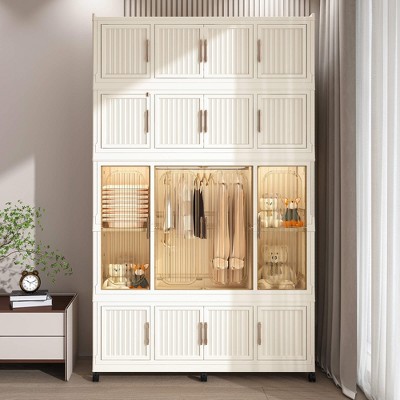 ORRD Portable Wardrobe Closet with 17 Magnetic Doors, Hanging Rod & 6 Hangers - White Baby Storage Cabinet