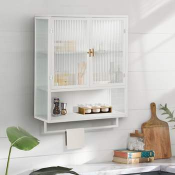 23.62" Glass Door Wall Cabinet with 2-Tier Enclosed Storage, Open Shelves and Towel Rack, White - ModernLuxe