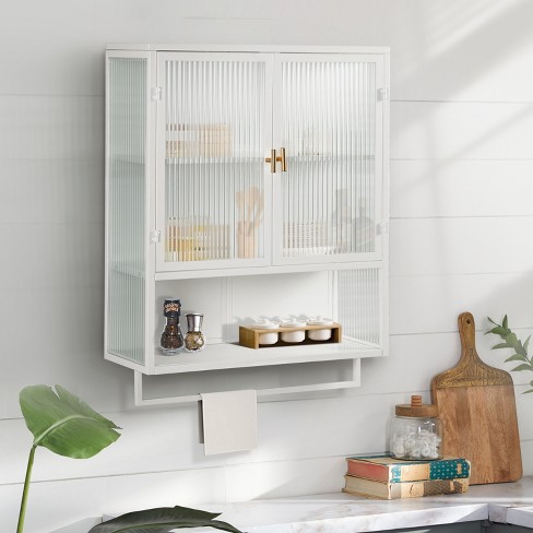 23 62 Glass Door Wall Cabinet With 2 Tier Enclosed Storage Open Shelves And Towel Rack White Modernluxe Target