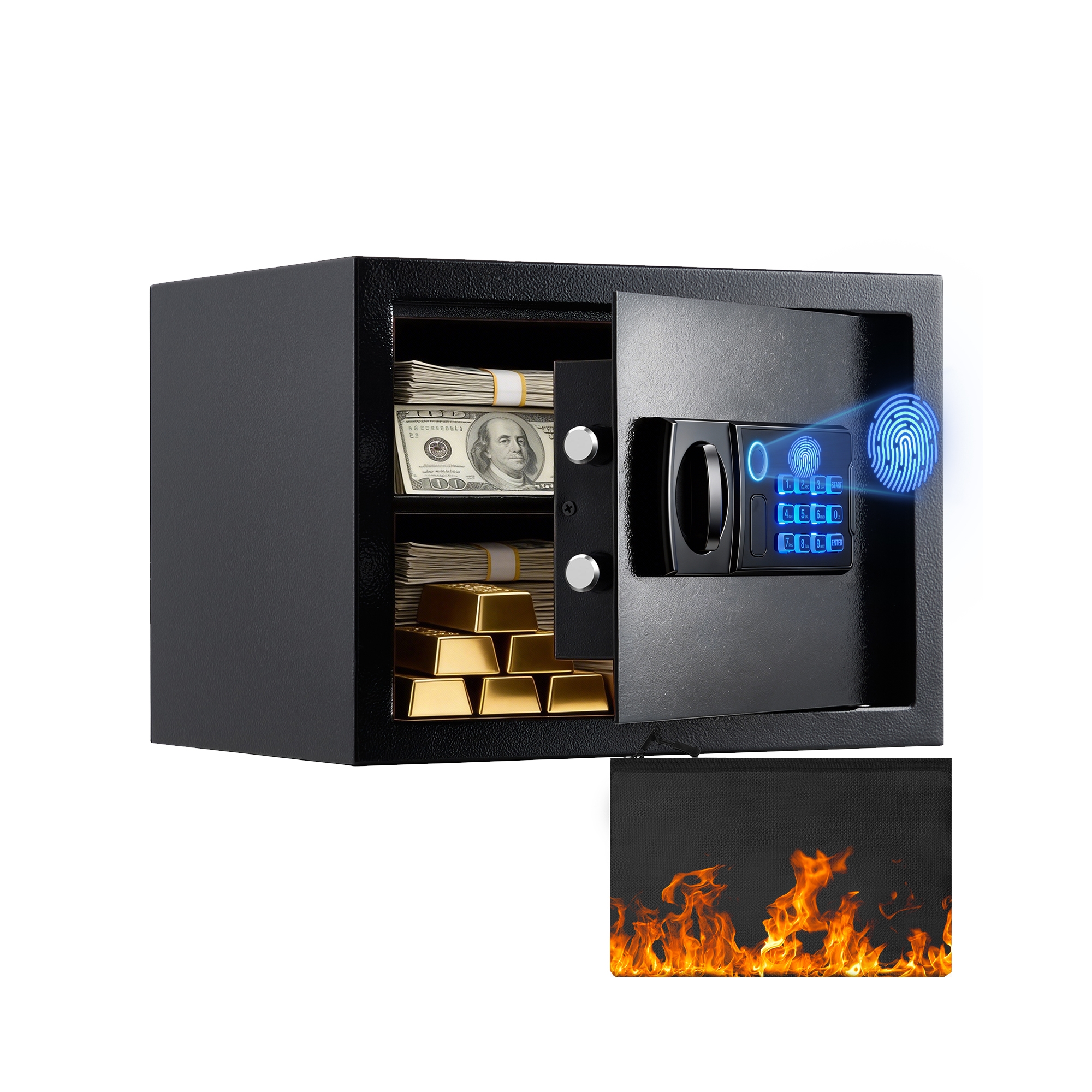 Safes Box for Home, Biometric Safes Fingerprint Lock Box with Fireproof Bag, Smart Alert System, Combination Lock & Removable Shelf