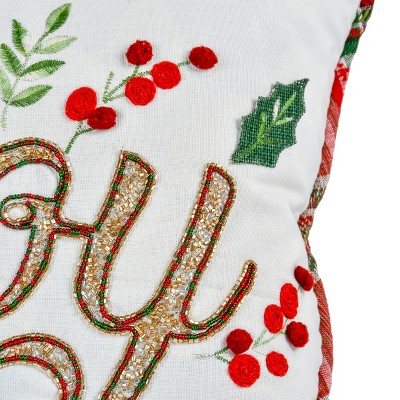 18" Joy Embroidered Christmas Pillow with Plaid Trim