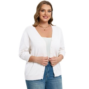 Women's Plus Size V-Neck Cardigan Casual 3/4 Sleeve Knit Button Down Open Front Sweater - 1 of 4