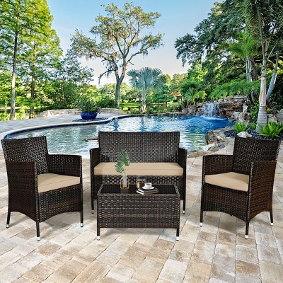 Tangkula 4PCS Patio Rattan Conversation Furniture Set Outdoor w/ Brown & Gray Cushion