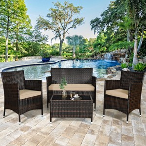 Tangkula 4 Pieces Patio Rattan Conversation Furniture Set Outdoor w/ Brown & Turquoise Cushion - 1 of 4