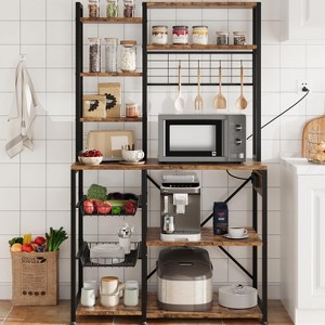 Baker Rack with Power Outlet, Kitchen Bakers Rack with 2 Wire Basket, Microwave Stand with Large Open Storage Shelves - 1 of 4