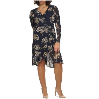 Tommy Hilfiger Womens Floral Print Faux Wrap Fit & Flare Dress
