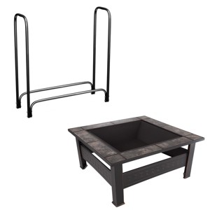 Fire Pit Table Kit 33-Inch Square Wood Burning Outdoor Fireplace with 4-Foot Firewood Rack, Spark Screen, Cover, and Log Poker by Pure Garden - 1 of 4