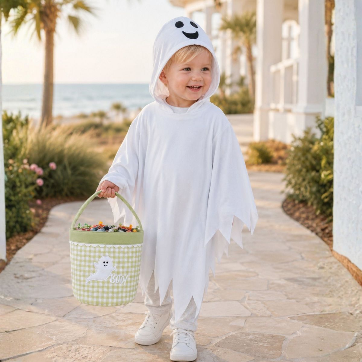 Bits & Bows Glow-in-the-Dark Ghost Trick-or-Treat Halloween Tote, Green/White 10"W x 8"H - thumbnail 2